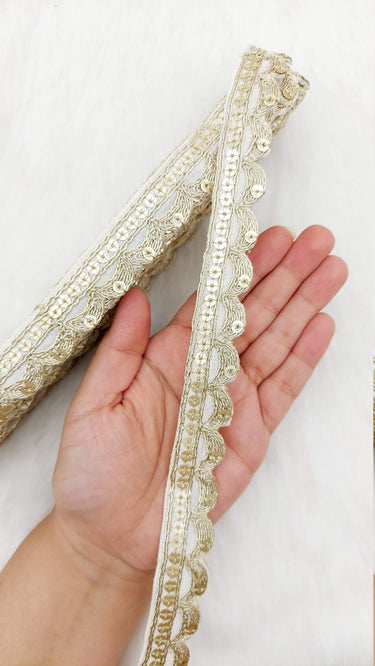 Art Silk Fabric Trim With Gold Embroidery, Scallop Sequins Sari Border, Trim By 3 Yards